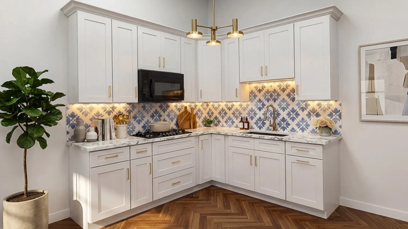 Transitional Kitchen with Blue Patterned Tile Backsplash