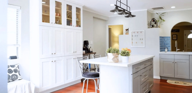Transitional Kitchen with Grey Island and Industrial Pendant Light