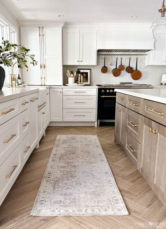 Transitional Kitchen with Herringbone Floor and Vintage Runner