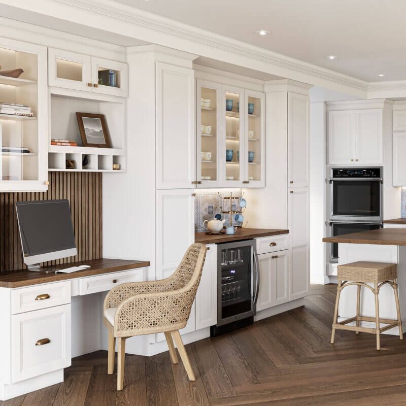 Transitional Kitchen with Integrated Desk Nook and Beverage Center