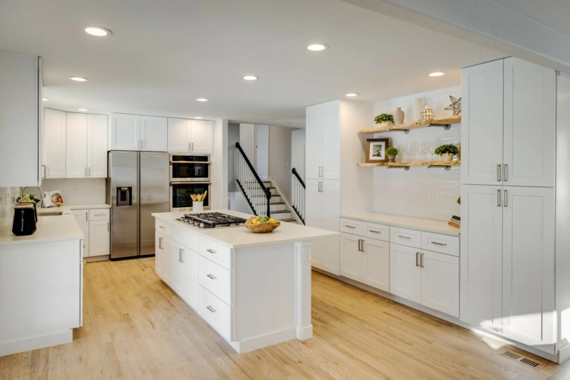 Transitional Kitchen with Live-Edge Wood Floating Shelves