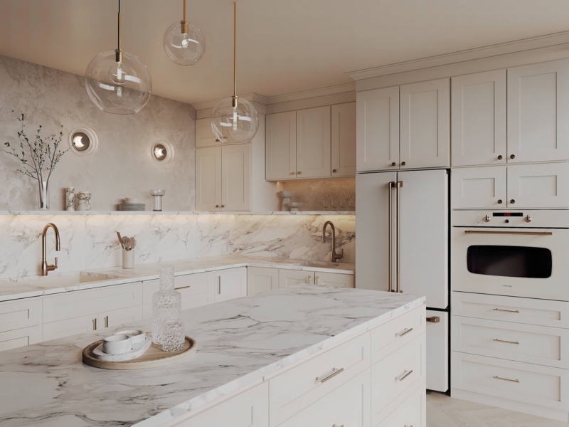 Transitional Kitchen with Marble Slab Backsplash and Globe Pendants