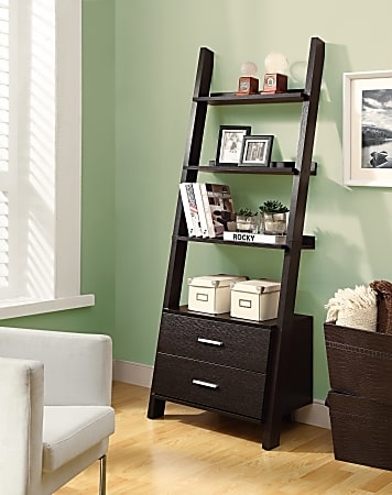 Transitional Ladder Bookcase Cappuccino Finish 4-Tier 2 Drawers