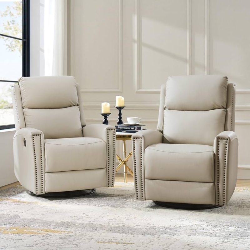 Transitional Leather-Like Swivel Rocker Recliner with Nailhead Trim