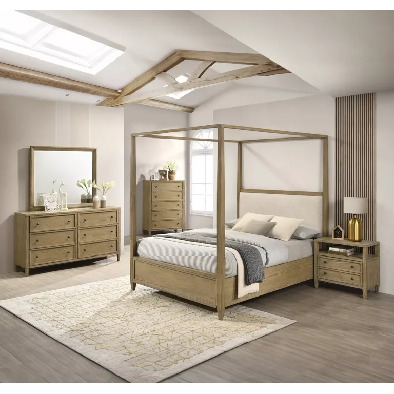 Transitional Light Brown Canopy Bed Set with Tapered Feet and Rustic Finish