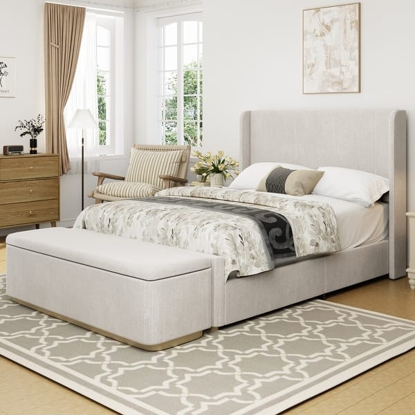 Transitional Off White Linen Bed Frame with Integrated Storage Ottoman