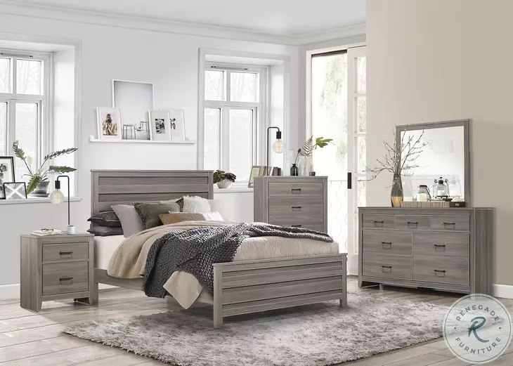 Transitional Panel Bed Frame, Horizontal Slat Headboard, Weathered Gray