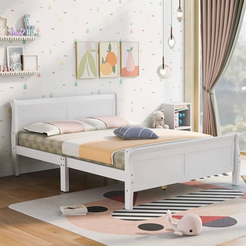 Transitional Platform Bed White with Curved Headboard and Footboard