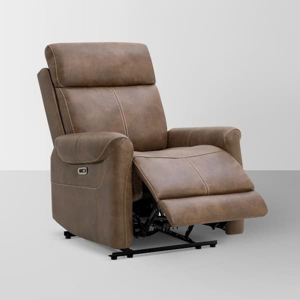 Transitional Power Recliner in Brown Leather-Look Fabric