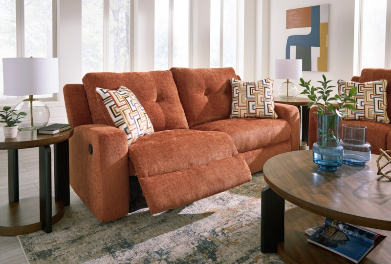Transitional Reclining Sofa with Tufted Back, Spice Orange Fabric