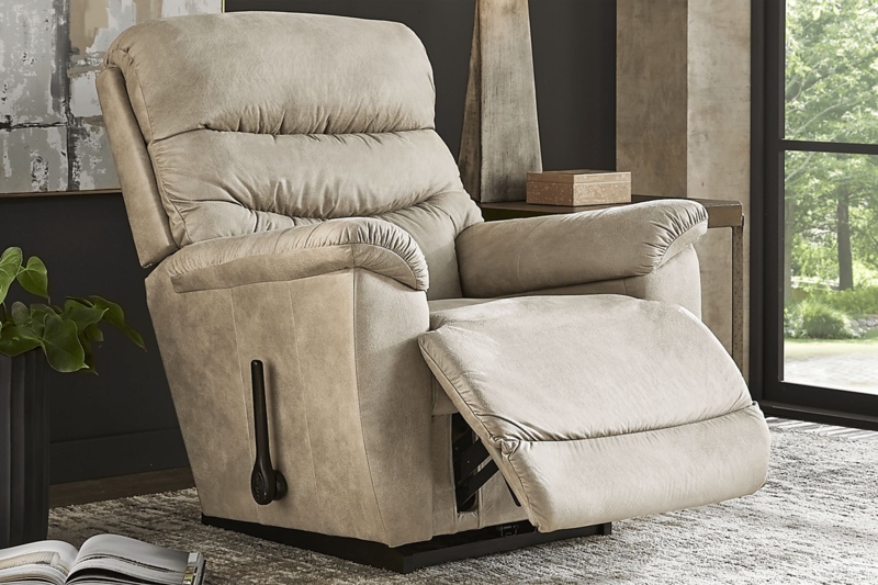 Transitional Rocker Recliner with Tiered Back and Flared Arms