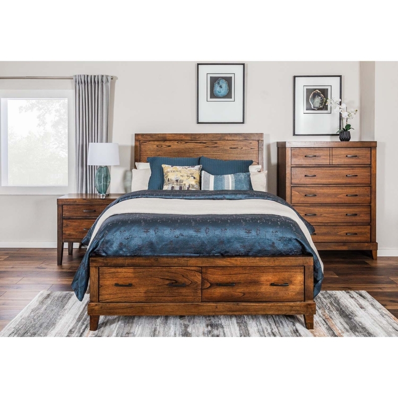 Transitional Storage Bed with Warm Wood Grain and Footboard Drawers