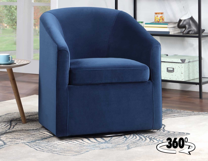 Transitional Swivel Accent Chair, Deep Blue Velvet Barrel Back