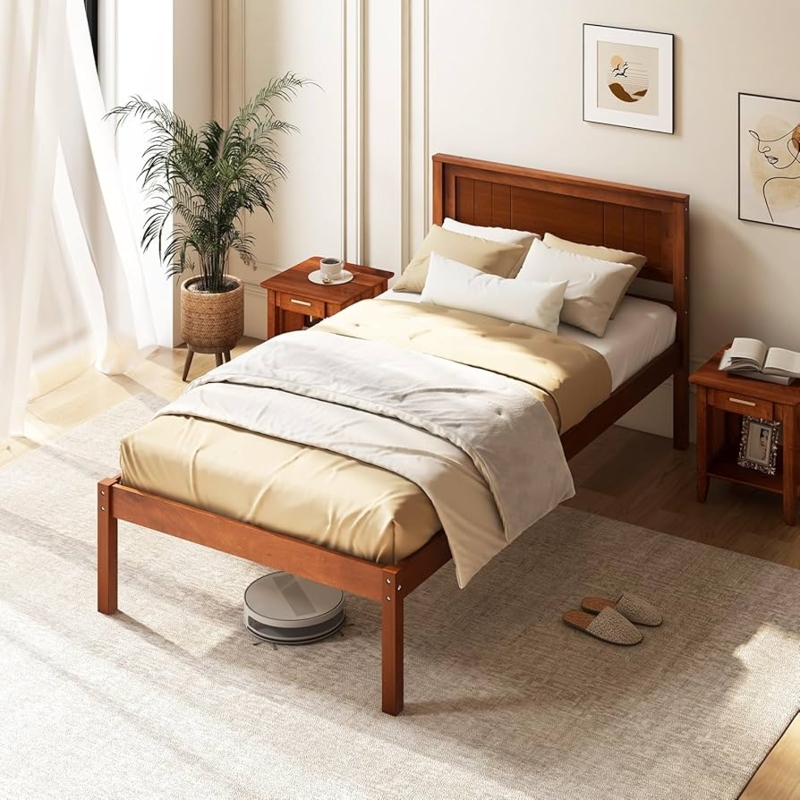 Transitional Walnut Bed with Paneled Headboard and High Clearance