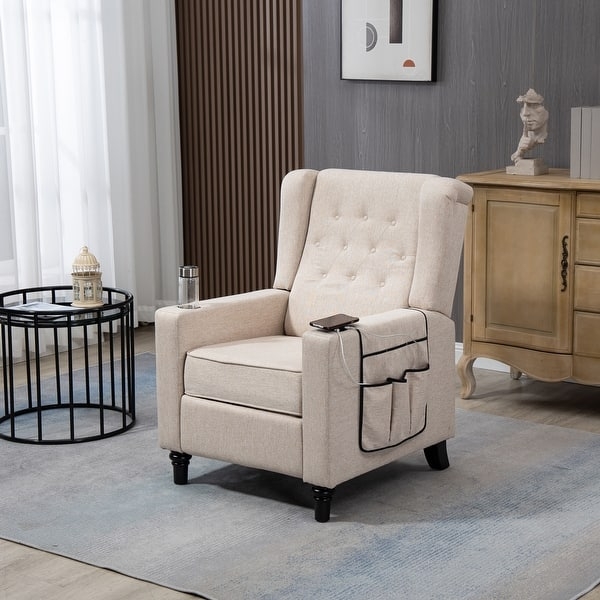 Transitional Wingback Recliner with Side Pocket and Button Tufting