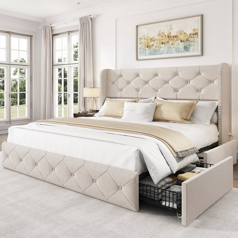 Transitional Woven Texture Platform Bed with Storage Drawers