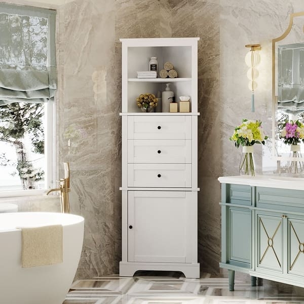 Triangular Bathroom Linen Tower with Drawers and Shelves