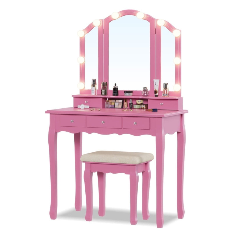 Trifold Mirror Vanity Set with Cabriole Legs and Lights