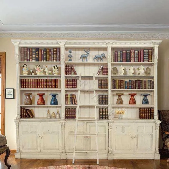 Triple Library Bookcase with Ladder, Distressed Cream Wall Unit