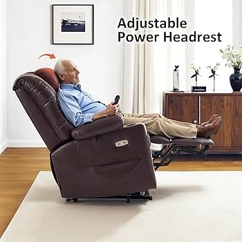 Triple Motor Power Lift Recliner with Adjustable Headrest in Dark Brown
