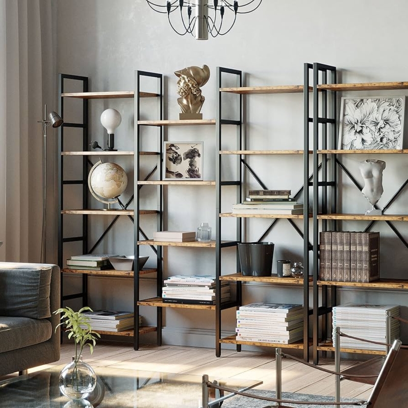 Triple Wide Industrial Bookshelf, 5-Tier Wood and Metal Etagere.