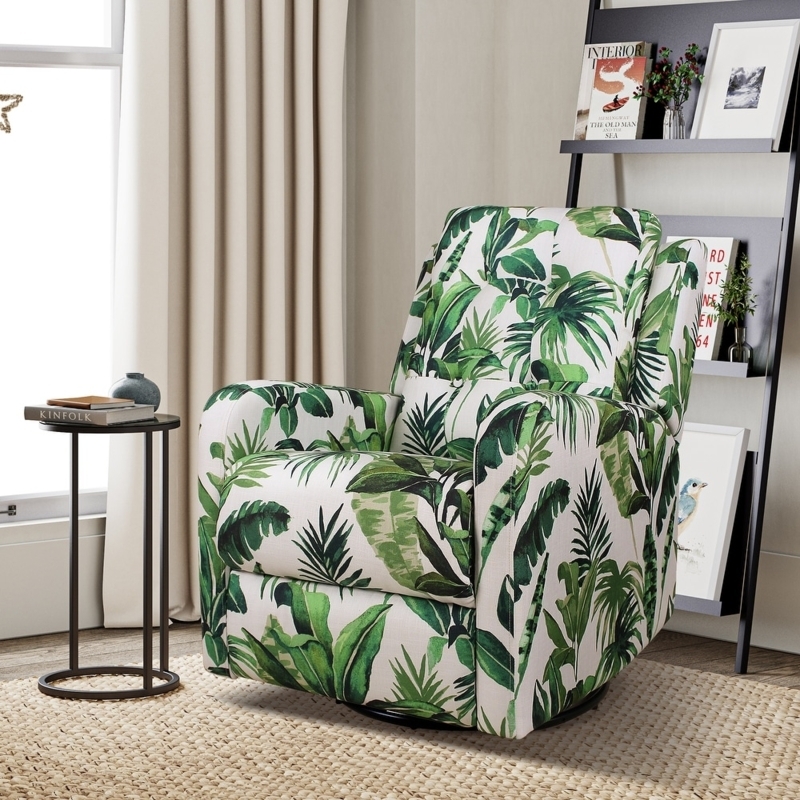 Tropical Leaf Print Swivel Recliner with Tufted Back