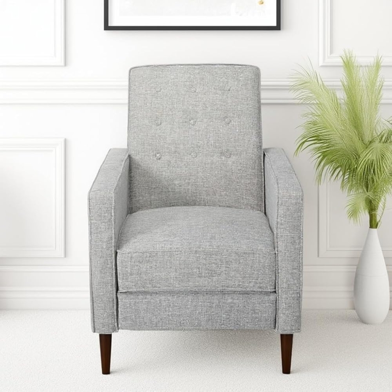Tufted Back Recliner in Tweed Fabric with Tapered Wood Legs