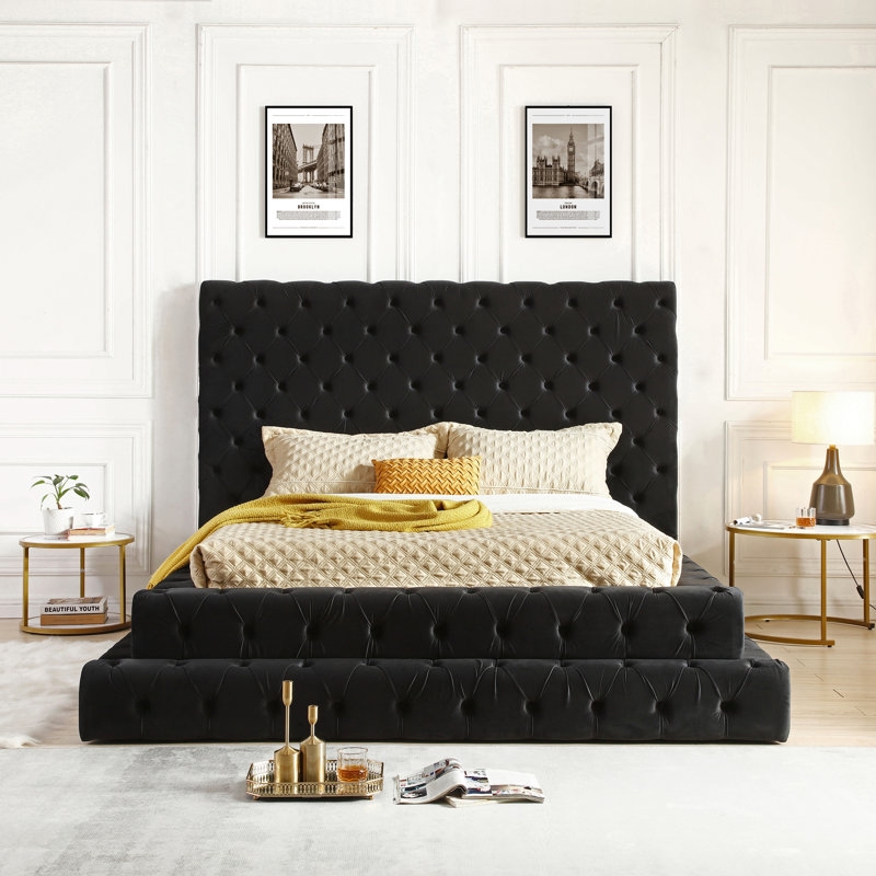 Tufted Bed in Charcoal Velvet with Extra-Tall Headboard
