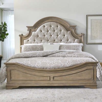 Tufted French Country Bed Arched Headboard Distressed Wood