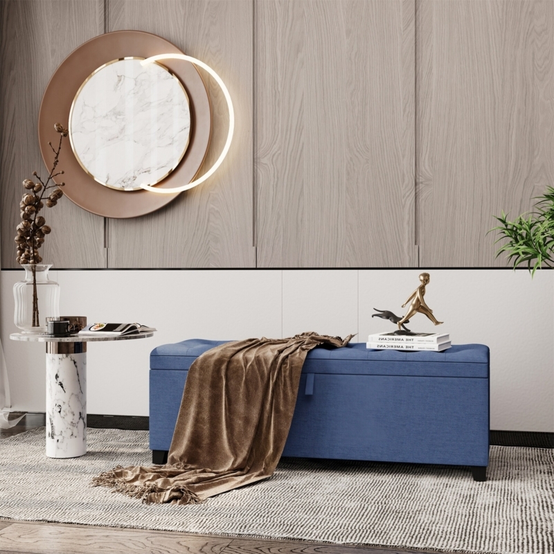 Tufted Navy Blue Storage Bench with Extra Long Profile