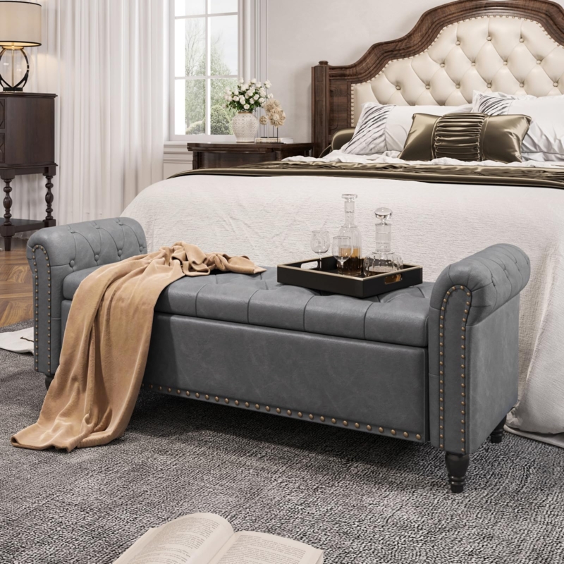 Tufted Slate Blue Storage Bench with Rolled Arms and Nailhead Trim