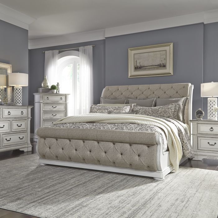 Tufted Sleigh Bed with Diamond Button Tufting and Whitewashed Finish