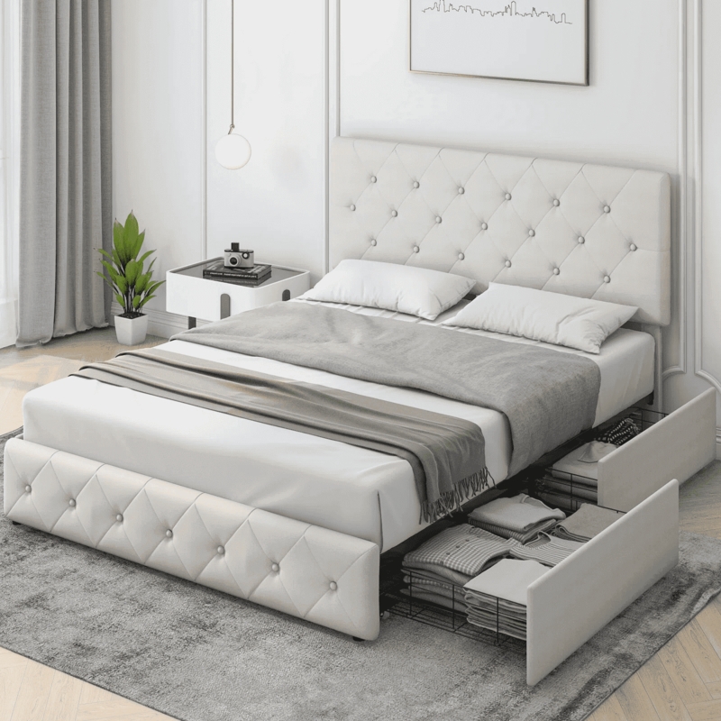 Tufted Storage Bed Off-White Linen Fabric Diamond Pattern Frame