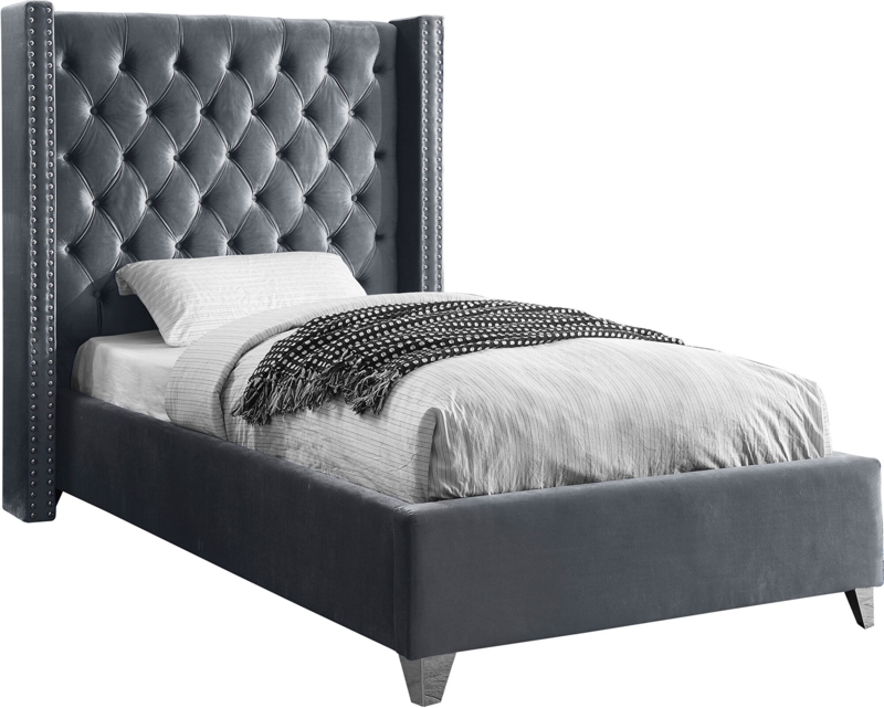 Tufted Upholstered Bed Charcoal Velvet Silver Nailhead Wingback Glam