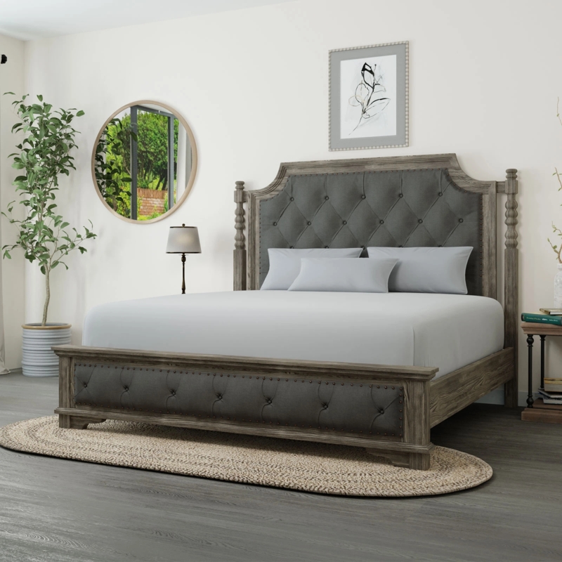 Tufted Upholstered Bed with Arched Rustic Wood Frame and Footboard