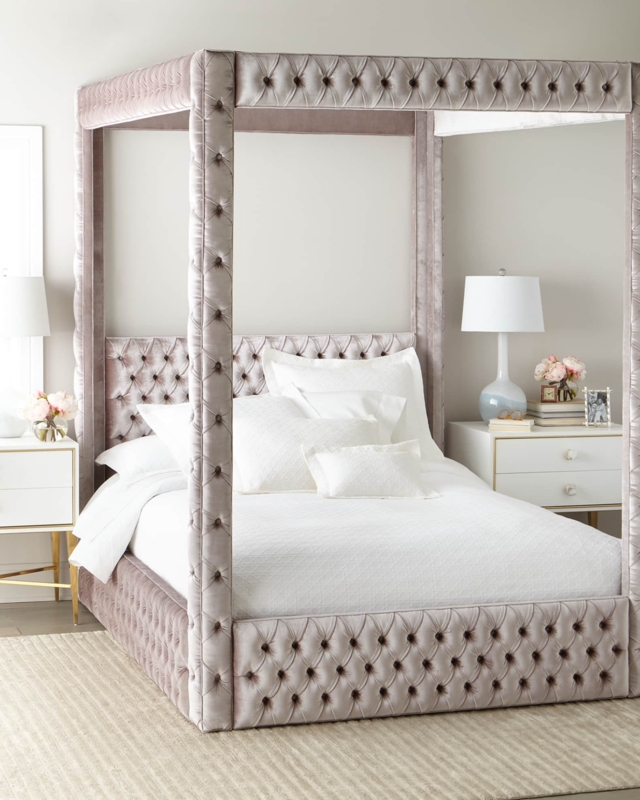 Tufted Velvet Canopy Bed in Mauve with All-Over Upholstery