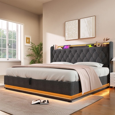 Tufted Wingback Bed Frame With Integrated LED Lighting And Storage Shelf