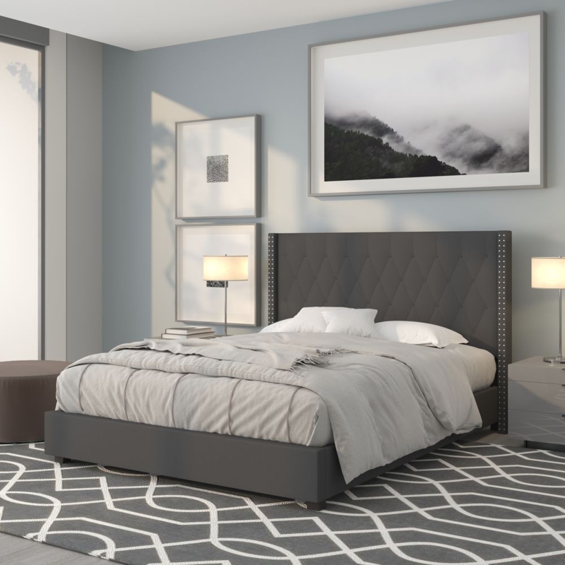 Tufted Wingback Bed Platform with Nailhead Trim Linen-like