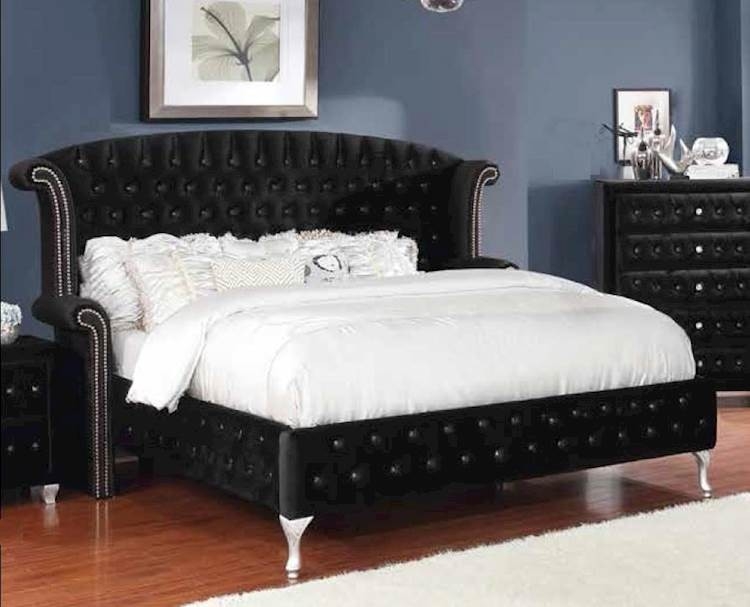 Tufted Wingback Bed with Silver Nailhead Trim Details