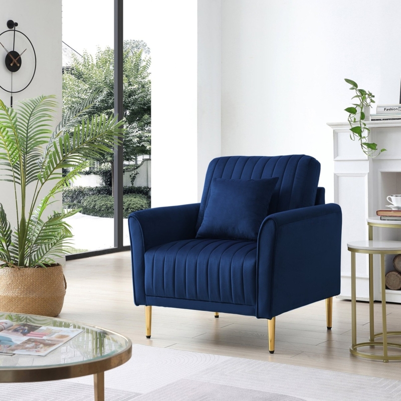 Tuxedo Style Accent Chair with Channel Tufting and Gold Legs