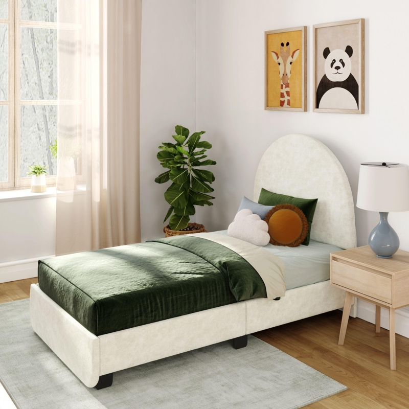 Twin Bed Arched Headboard Cream Upholstered Platform Base