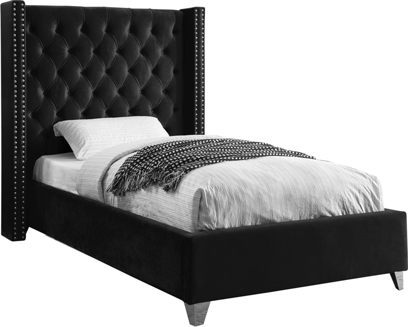 Twin Bed Black Velvet Diamond Tufting Silver Nailhead Trim Glam