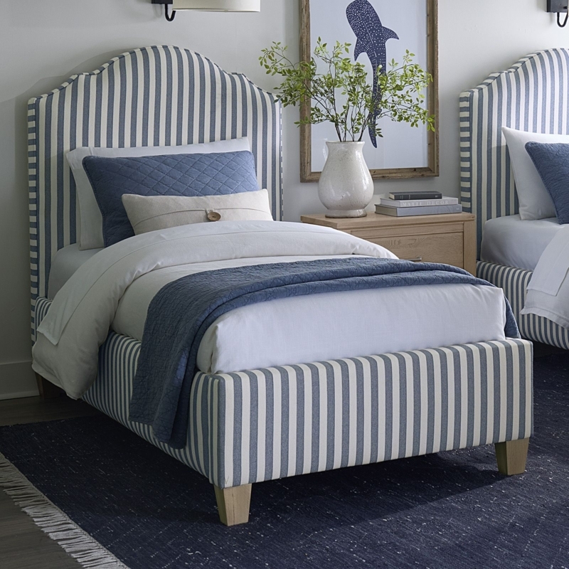 Twin Bed, Blue Striped Fabric with Arched Camelback Coastal Style