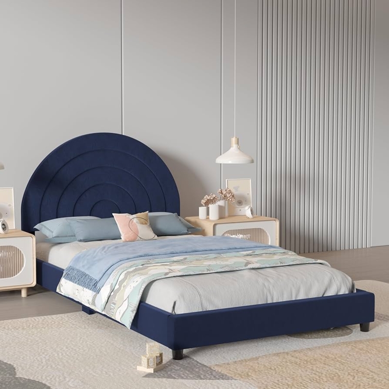 Twin Bed, Dark Navy Upholstery, Minimalist Rainbow Arched Headboard