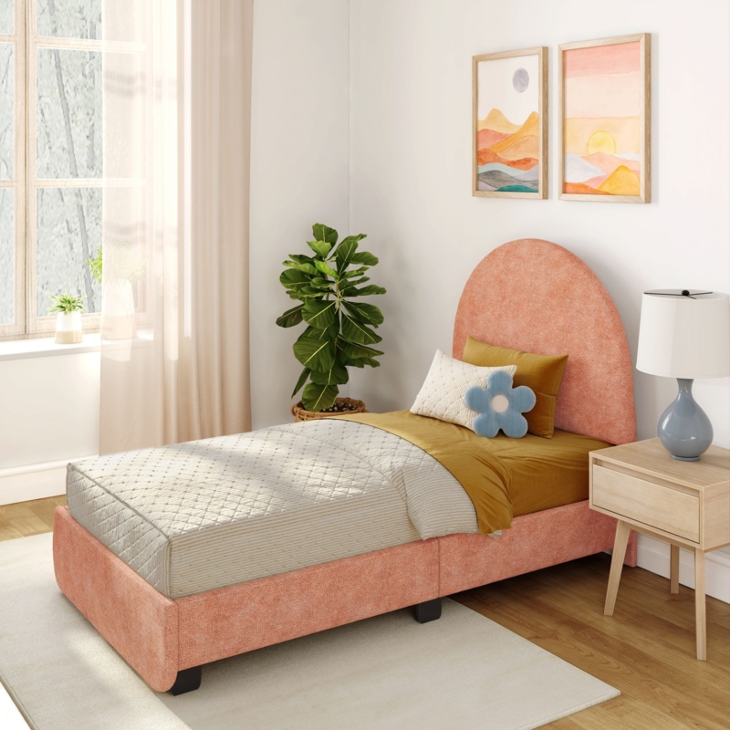 Twin Bed Dusty Rose Upholstered Integrated Frame Low Profile