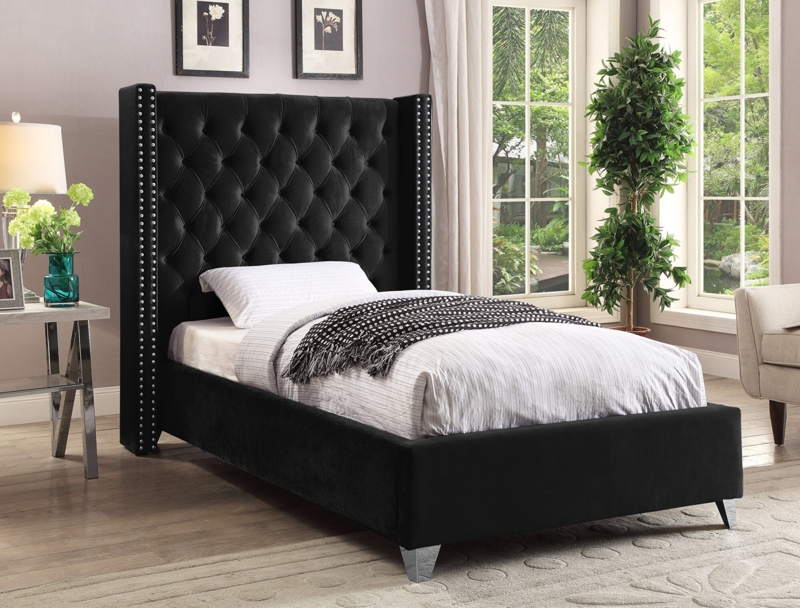 Twin Bed Extra Tall Tufted Wingback Black Velvet & Chrome Legs