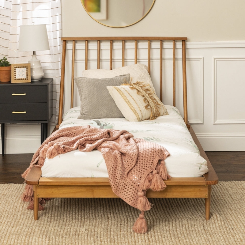 Twin Bed Frame Caramel Wood Spindle Headboard Tapered Legs Mid-Century