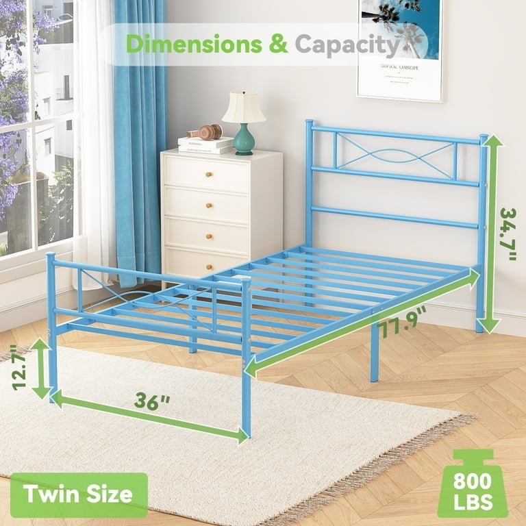 Twin Bed Frame, Metal Platform with Geometric Bowknot Motif Detail