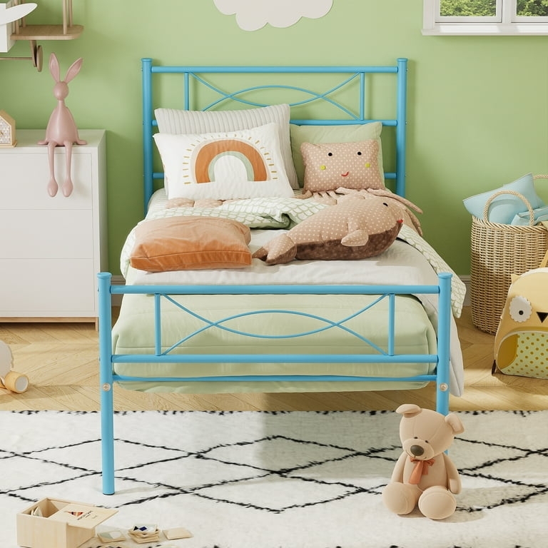 Twin Bed Frame, Powder-Coated Metal with Whimsical Bowknot Headboard
