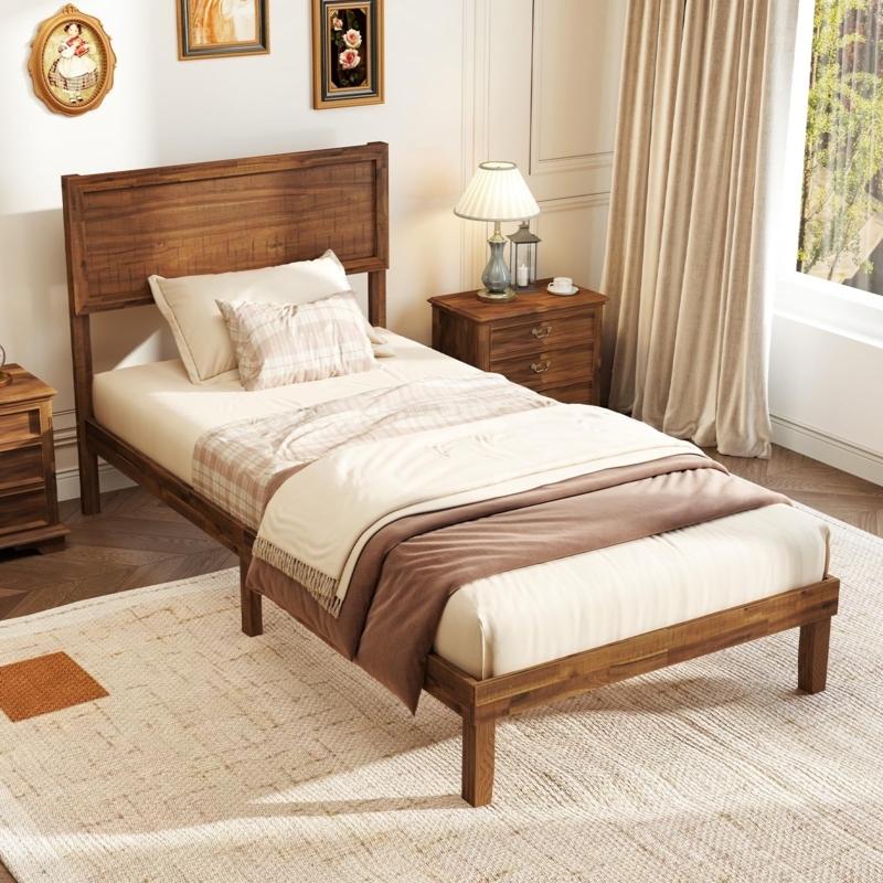 Twin Bed Frame Solid Panel Headboard Wood Toned Square Legs